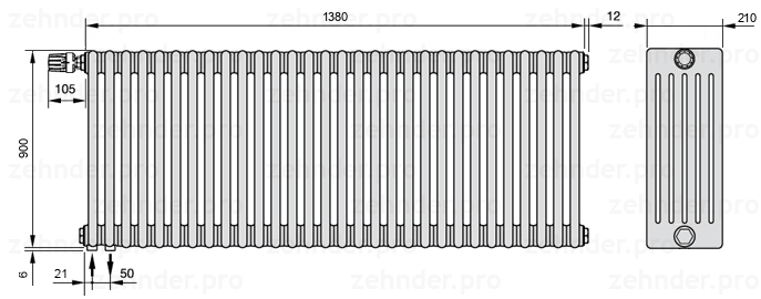 Схема (чертеж) Радиатор Zehnder Charleston 6090/30 №V001 Белый глянцевый RAL 9016